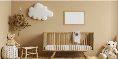 A simple and clean wooden baby crib with teddy bear toys on the side, in light beige tones, with an empty wall frame above it