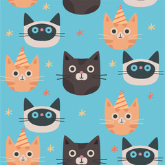 Seamless pattern with head of cats on blue background.