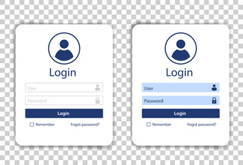Login page form. Vector business template for web interface. Fields for name and password. Mobile user-friendly design elements. Mobile app login window with shadow on transparent background.