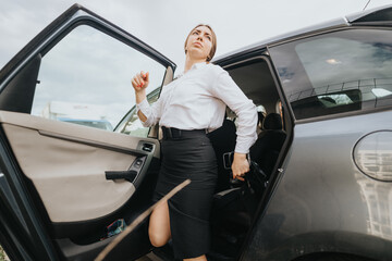 Professional female executive stepping out of a vehicle, ready for a start-up business meeting outdoors.