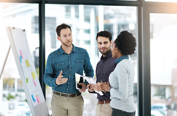 Office, meeting and whiteboard for discussion, planning and erp notes with tablet for report. Man,...
