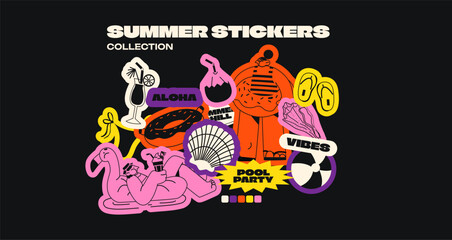 Retro stickers summer and pool party. Trendy labels in a minimalist style with cocktails, inflatable rings, mascots, shells. Set of doodle cartoon vector patches in 90s style