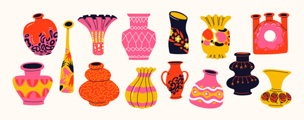 Cartoon bright ceramic flower vases. Porcelain pots, jugs, vases, jars with patterns for home decor. Antique vintage home comfort items. Vector stickers set