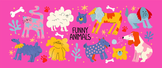 Cute pets cats and dogs in groovy style 90s. Doodle cartoon puppies characters in retro style. Animals veterinarian zoo stickers © Limpreom