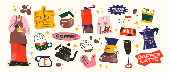 Coffee stickers and barista characters.Coffee makers, kettles,  brewing, arabica coffee, glass,espresso,cappuccino, beans.Graphic doodle minimalist retro icons.Coffee shop patches