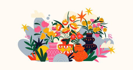 Abstract flower composition in vases, bouquets, plants. Botanical elements, cartoon decorative foliage. Blooming bouquets and abstract shapes in retro groovy doodle style
