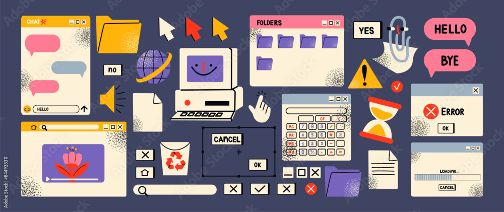 Fototapete retro cartoon set of web pages pc.old computer style. geometric frames in 90s memphis style. set of 