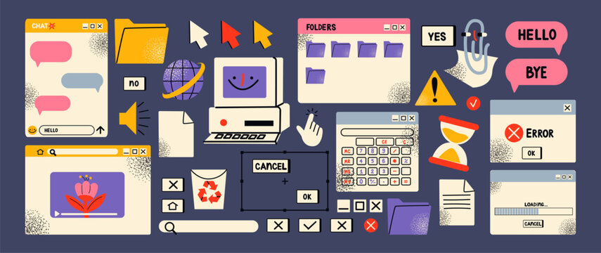 Retro cartoon set of web pages pc.old computer style. geometric frames in 90s memphis style. Set of user interface elements. Retro browser computer window. Y2k vector promo doodle comic banner 
