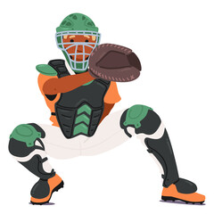 Baseball Player Catcher Cartoon Character In Full Protective Gear, Poised And Ready To Catch The Ball, Vector