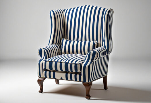 An AI-generated modern wingback chair in a classic blue and white striped design, perfect for contemporary interior decor - Powered by Adobe