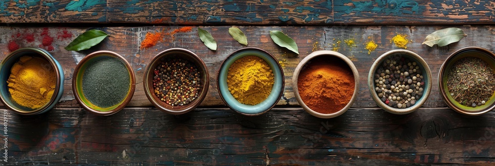 Aufkleber a top-down view of colorful spices in ceramic bowls on a rustic wooden surface. generative ai