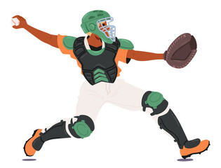 Vector Illustration Of Baseball Catcher In Action, Throwing A Ball. Catcher Is Fully Geared With Helmet, Chest Protector