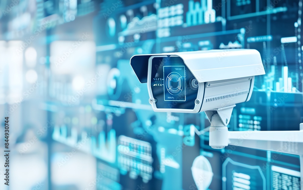 Poster CCTV camera with futuristic digital interface against modern office background. Surveillance and security system concept. Artificial intelligence and recognition technology. Banner with copy space