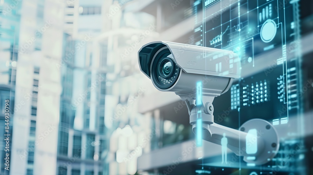 Fototapete cctv camera with futuristic digital interface on city building background. modern surveillance and s