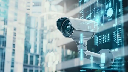 CCTV camera with futuristic digital interface on city building background. Modern surveillance and security system concept. Artificial intelligence and recognition technology. Banner with copy space