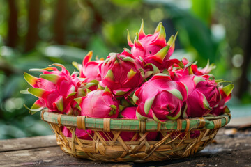 Basket of freshly harvested dragon fruits with vibrant colors, showcasing pink skins and green scales against a natural background.. AI generated.