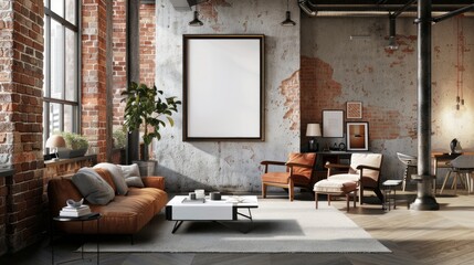 Frame mockup, living room interior in loft, industrial style.