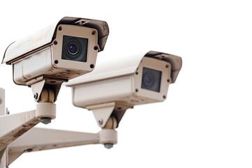 Two CCTV cameras isolated on a white background. Modern surveillance system technology concept. Electronic device for security and control. 