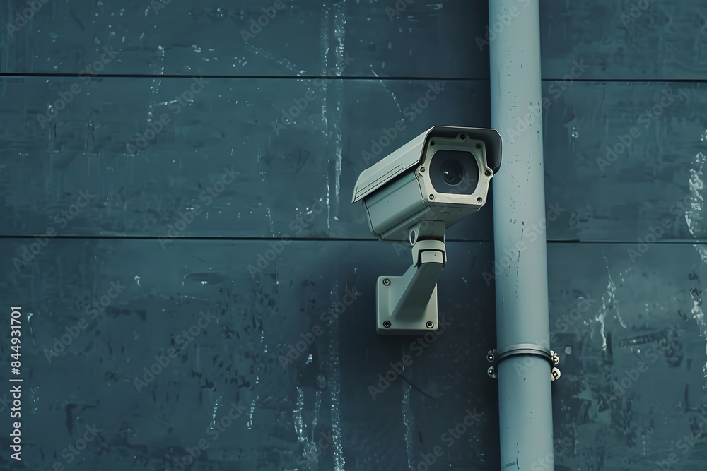 Poster CCTV camera on building wall. Advanced surveillance system technology concept. Electronic device for security and control. Minimalistic composition with copy space