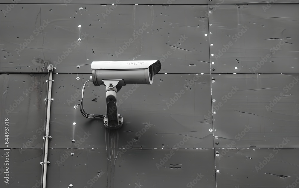 Poster CCTV camera on gray wall. Advanced surveillance system technology concept. Electronic device for security and control. Minimalistic composition with copy space