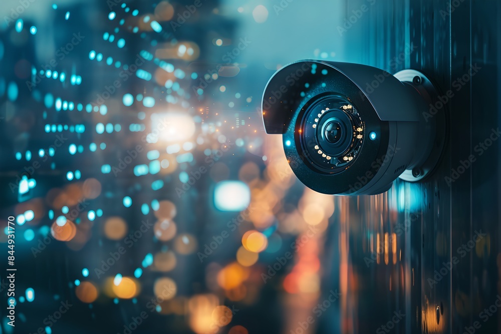 Poster CCTV camera against blurred city background with digital interface. Advanced surveillance system technology concept. Electronic device for security and control. Banner with copy space