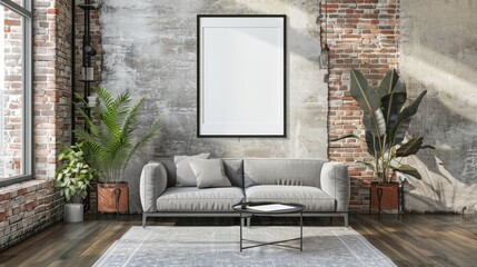 Frame mockup, living room interior in loft, industrial style.