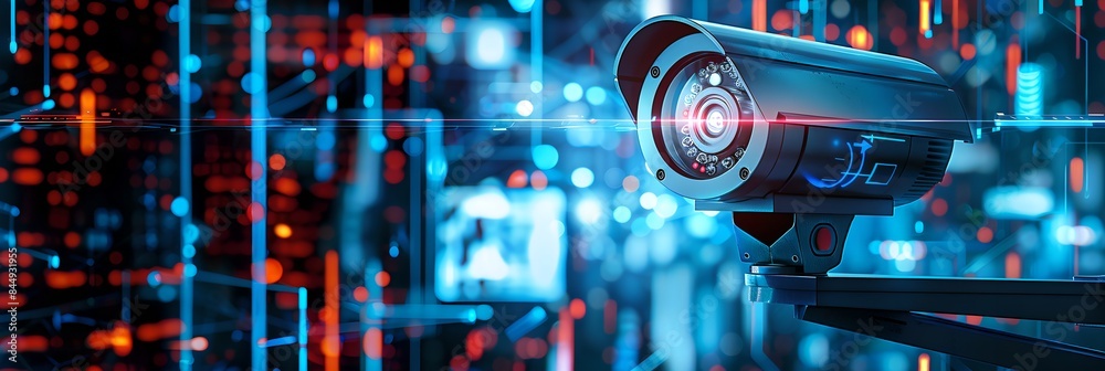 Poster CCTV camera with futuristic digital interface background. Advanced surveillance system technology concept. Electronic device for security and control. Banner with copy space