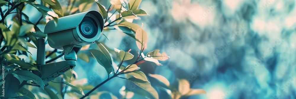 Poster CCTV camera hidden among tree branches. Advanced surveillance system technology concept. Electronic device for security and control. Banner, header with copy space