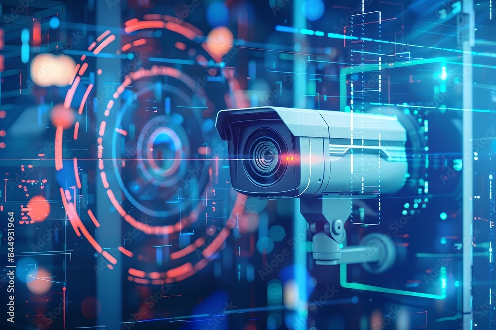 Fototapete cctv camera with futuristic digital interface background. advanced surveillance system technology co