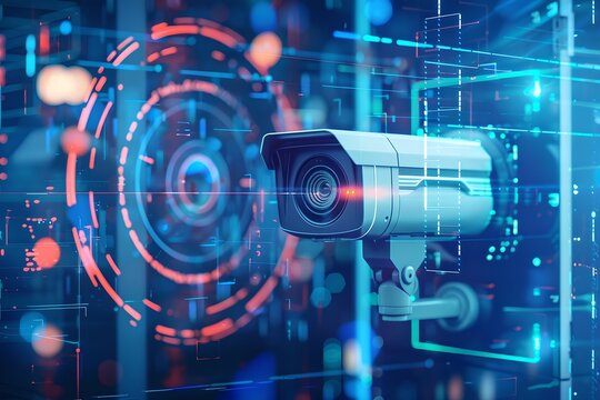 CCTV camera with futuristic digital interface background. Advanced surveillance system technology concept. Electronic device for security and control. 