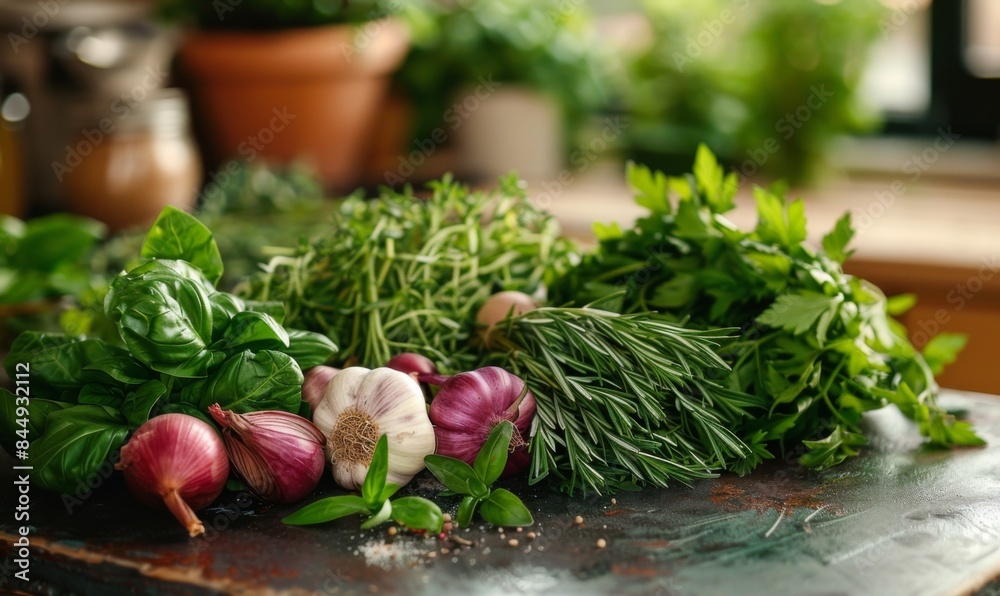 Wall mural Freshly picked herbs on a table