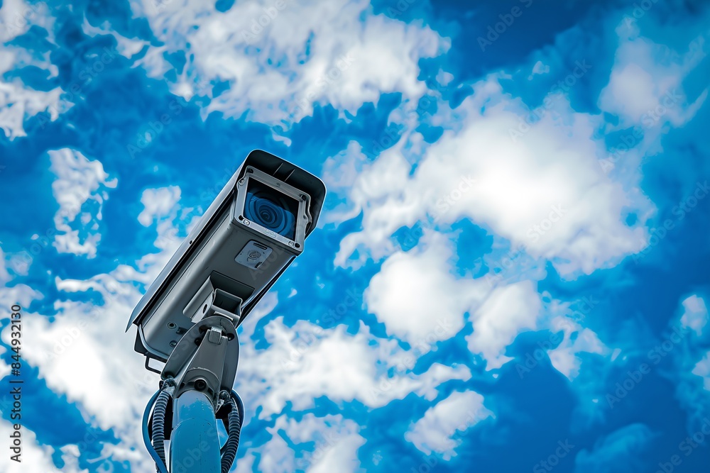 Poster CCTV camera against blue sky with clouds. Surveillance system technology concept. Electronic device for security and control. Banner with copy space