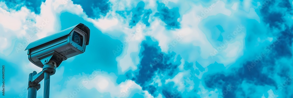Poster CCTV camera against blue sky with clouds. Surveillance system technology concept. Electronic device for security and control. Banner, header with copy space