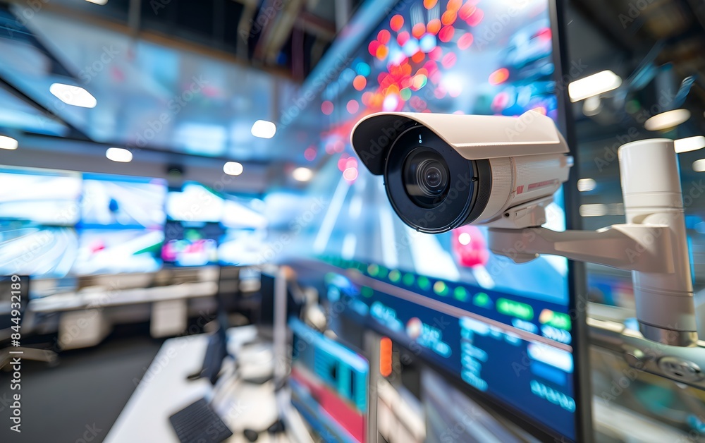 Poster CCTV camera in modern control room with multiple screens. Surveillance system technology concept. Electronic device for security and control. Banner with copy space
