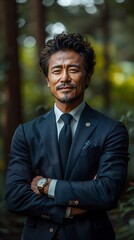 Fototapeta premium Japanese middle-aged man in a suit and tie smiling while checking his watch, surrounded by green trees