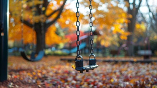 A soft blur of colorful foliage serves as the perfect contrast to the sharp focus on the swings and slide in the foreground evoking a sense of playful nostalgia for the fall season. .