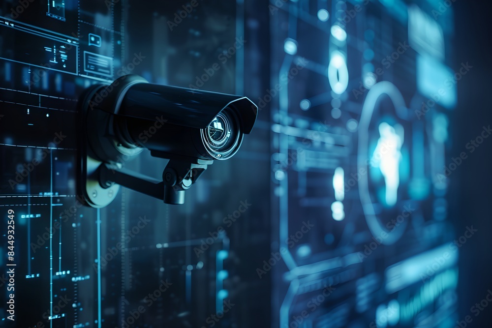 Poster CCTV camera against a digital interface backdrop. Surveillance and futuristic security system concept. Artificial intelligence and facial recognition technology