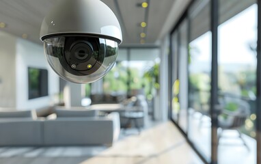 CCTV camera in a modern living room. Modern surveillance system technology concept. Electronic device for security and control. Banner with copy space
