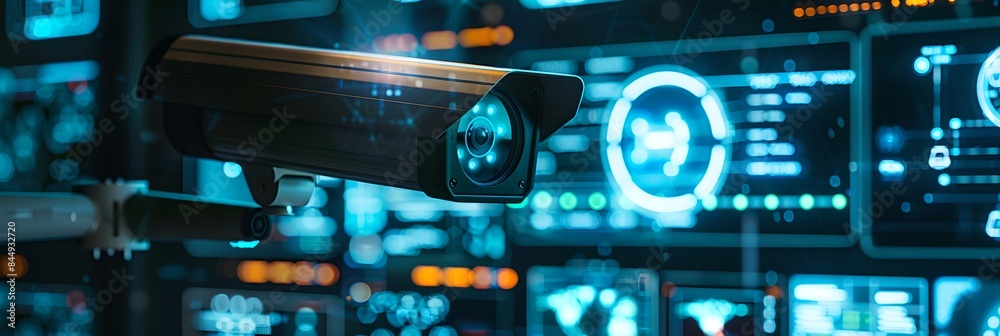 Poster CCTV camera in a high-tech environment with digital displays. Surveillance system technology concept. Electronic device for security and control