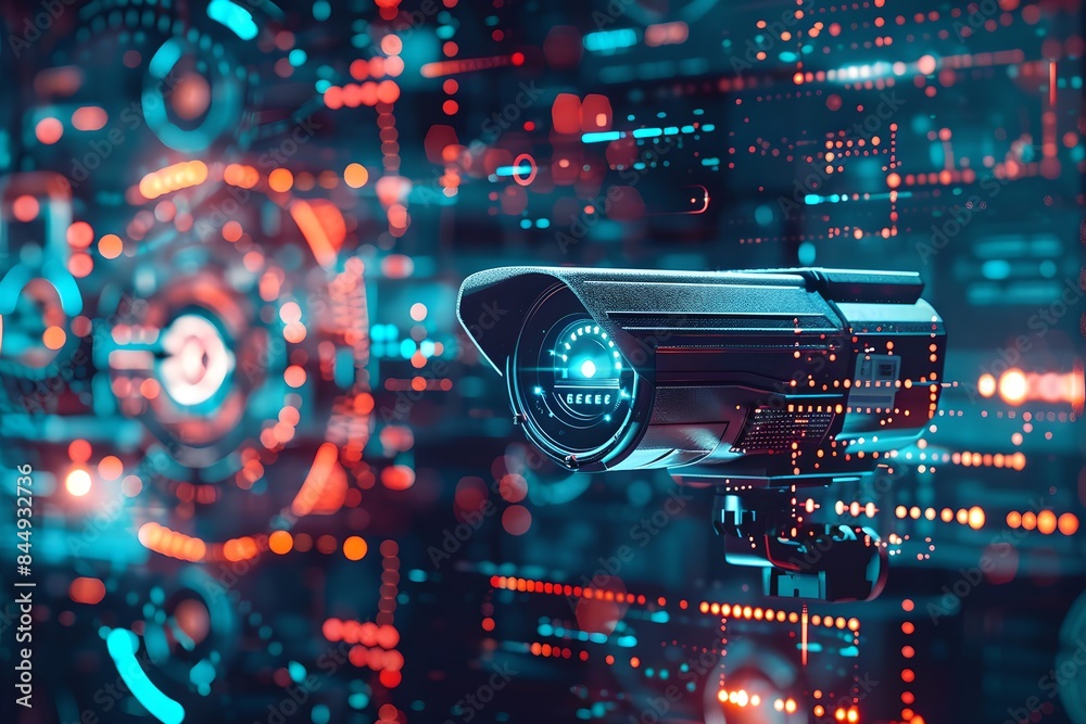Poster CCTV camera against a digital interface backdrop. Surveillance and futuristic security system concept. Artificial intelligence and facial recognition technology
