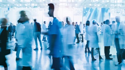 Blurred silhouettes of doctors and nurses can be seen conversing in front of a sea of white expo tables giving the impression of a busy medical conference full of educational panels .