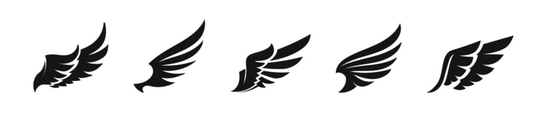 Wings vector icon set. Wing flat black icons.