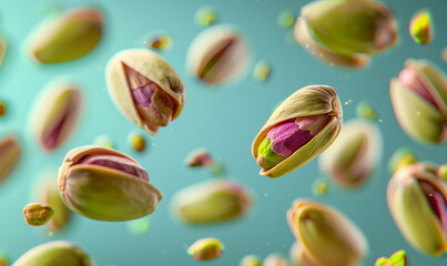 Pistachio nuts explosion splash or falling for advertising banner or poster background. Macro closeup whole pistachio nuts falling explode motion for snack package or food product ad poster