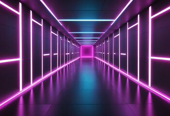 Vibrant neon lights illuminate the abstract geometric backdrop, creating a high-tech and futuristic stage for data transfer and fast network connections in a cyber club setting