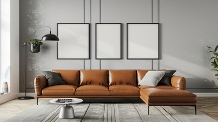 Frames mockup, gray living room interior with leather sofa, minimalist industrial style.