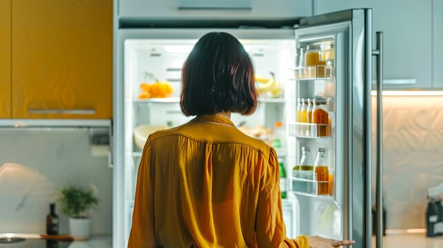 Woman in yellow shirt stands in front of refrigerator at home. Captures a modern and bright kitchen ambiance. Ideal for home lifestyle, household chores, and kitchen-friendly content. AI