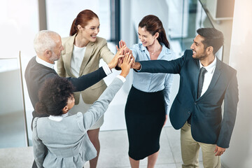Business people, teamwork and high five in office for celebration, success or support at law firm....