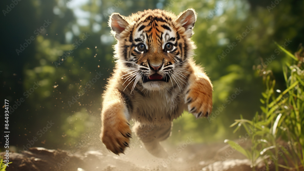 Wall mural Adorable tiger cub captured mid-leap, showcasing its playful energy and adventurous spirit.
 - Wall murals