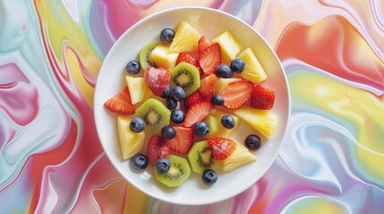 A bowl of fruit on a colorful background with swirls, AI