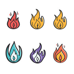 Six fire flames cartoon vector illustrations displayed separately. Colorful fire icons showing stylized flames red, yellow, blue, purple. Different shapes flame icons graphic designs isolated white
